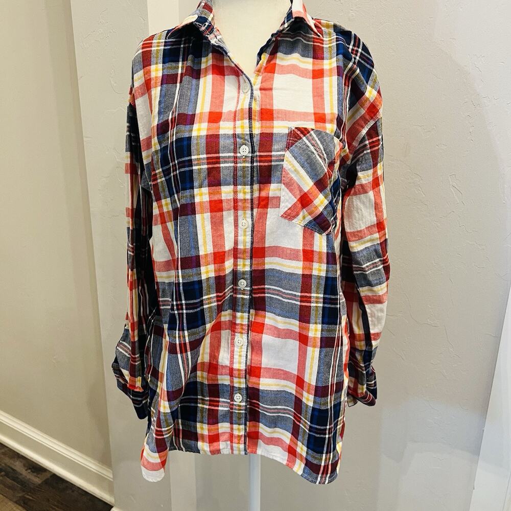 Old Navy Shirt Womens Medium Boyfriend Shirt Plaid Button Up Flannel (A0125)